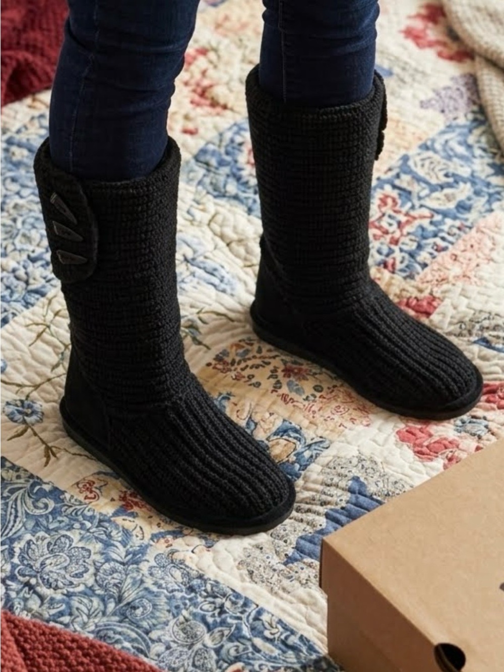 BearPaw Black Knit Tall Winter Boots Size 9 - Picture 2 of 11